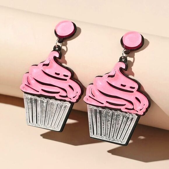 Pink Glitter Cupcake Acrylic Birthday‎ Earrings - Picture 2 of 7